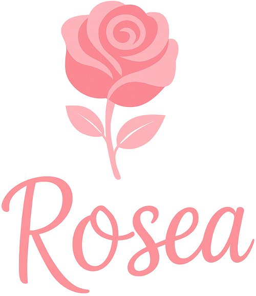 Pink rose and the name 'Rosea' on a white background